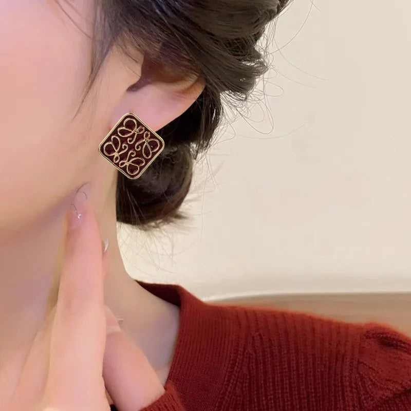 Red Vintage Square Stud Earrings