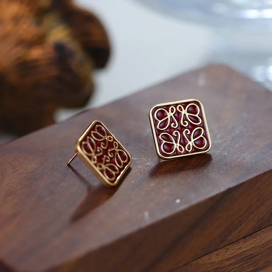 Red Vintage Square Stud Earrings